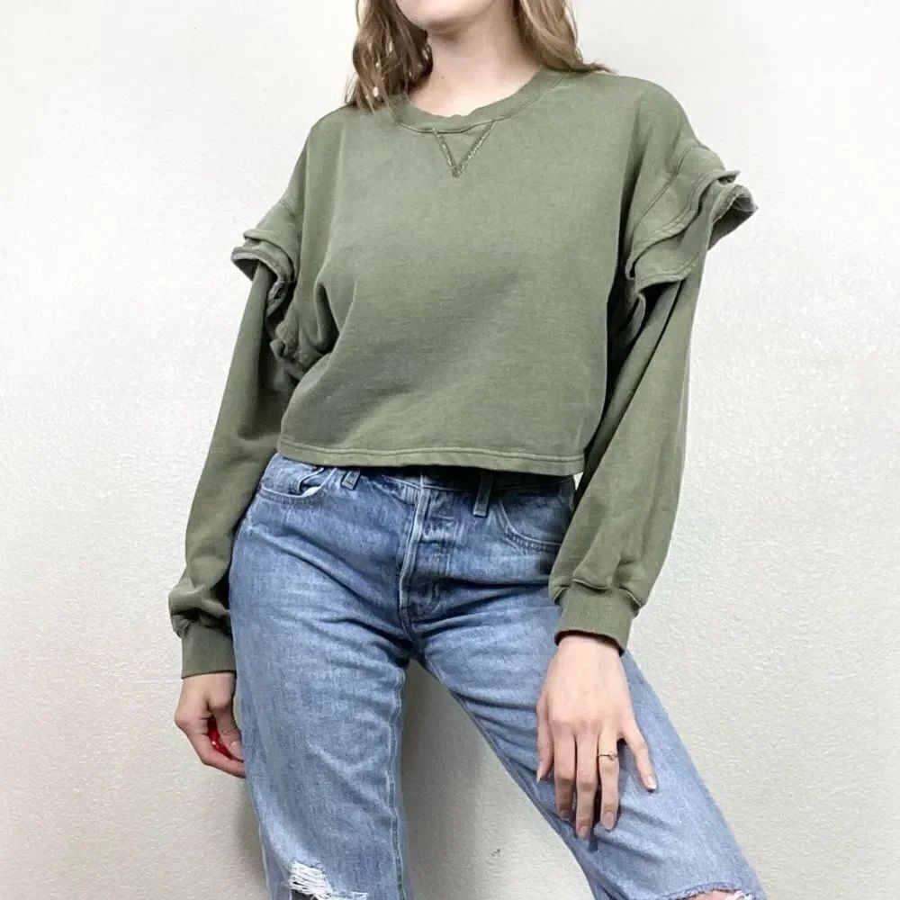7 For All Mankind Green Ruffled Shoulder Cropped Sweatshirt